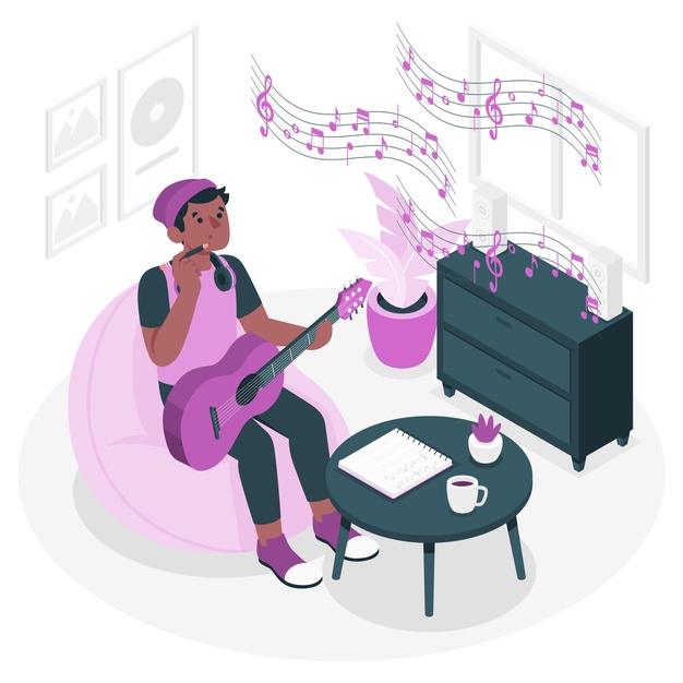 Compositor com violão passando pelos processos de como compor músicas