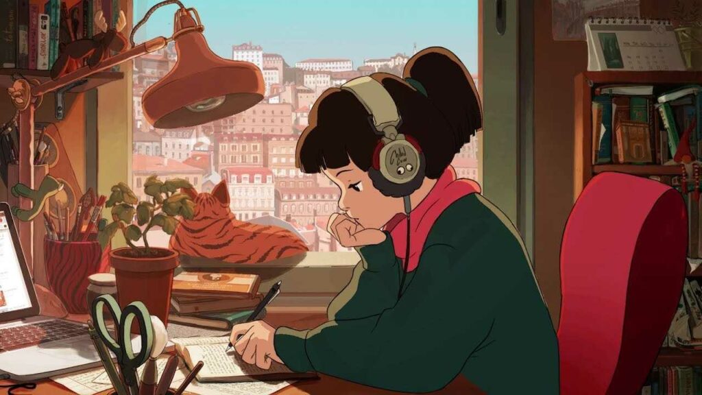 A study girl,símbolo da lo-fi music, em sua clássica imagem estudando enquanto o gato de estimação olha pela janela