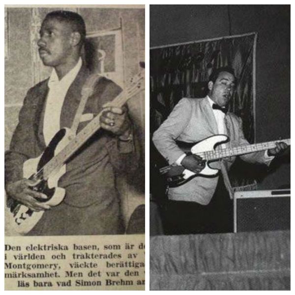 baixistas-pioneiros Montagem de fotos com os músicos Monk Montgomery e Bill Black, pioneiros no uso do baixo elétrico