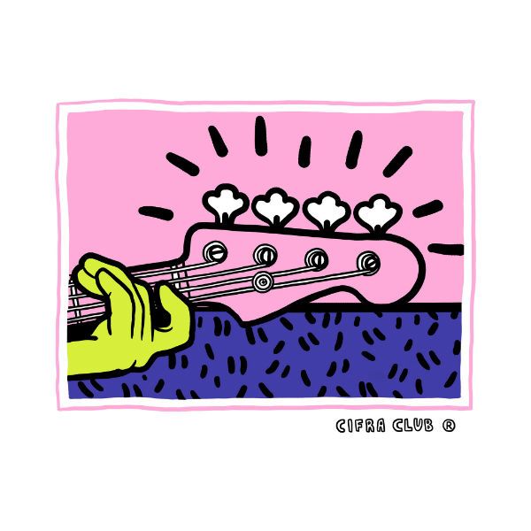Camiseta do Cifra Club, modelo Detrot Groove, a imagem em pop art mostra uma mão tocando baixo