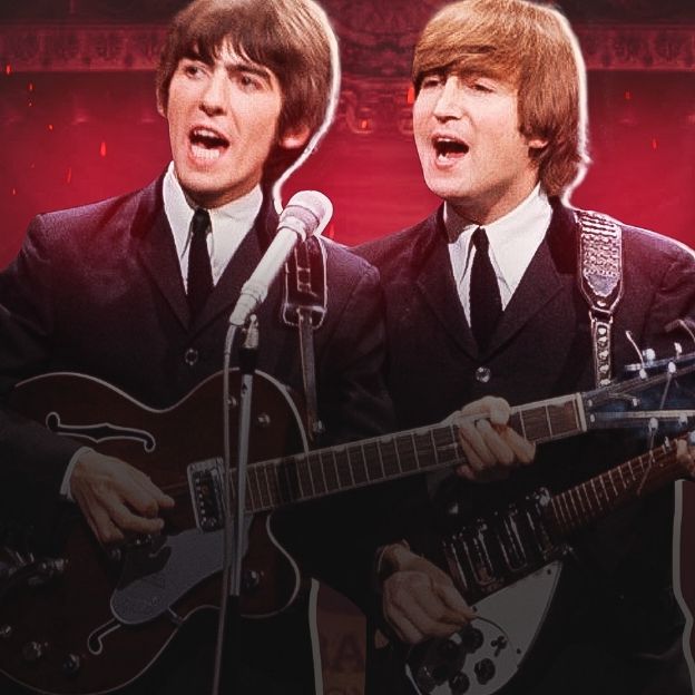 Na imagem: George Harrison e John Lennon, membros da banda The Beatles.