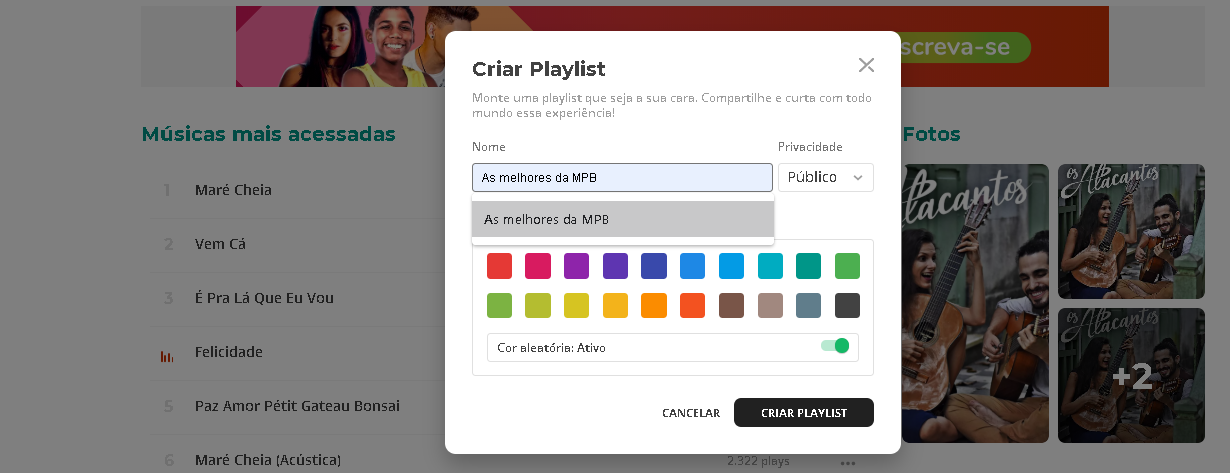 Imagem mostra o box de personalização de playlists do Palco MP3