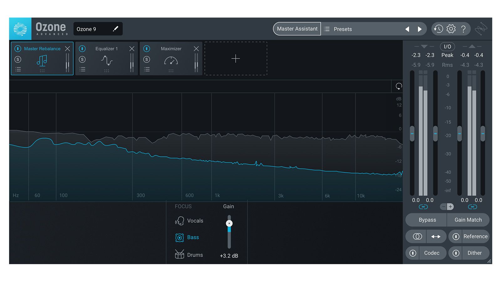 Imagem mostra a interface do Ozone 9, programa de mixagem e masterização
